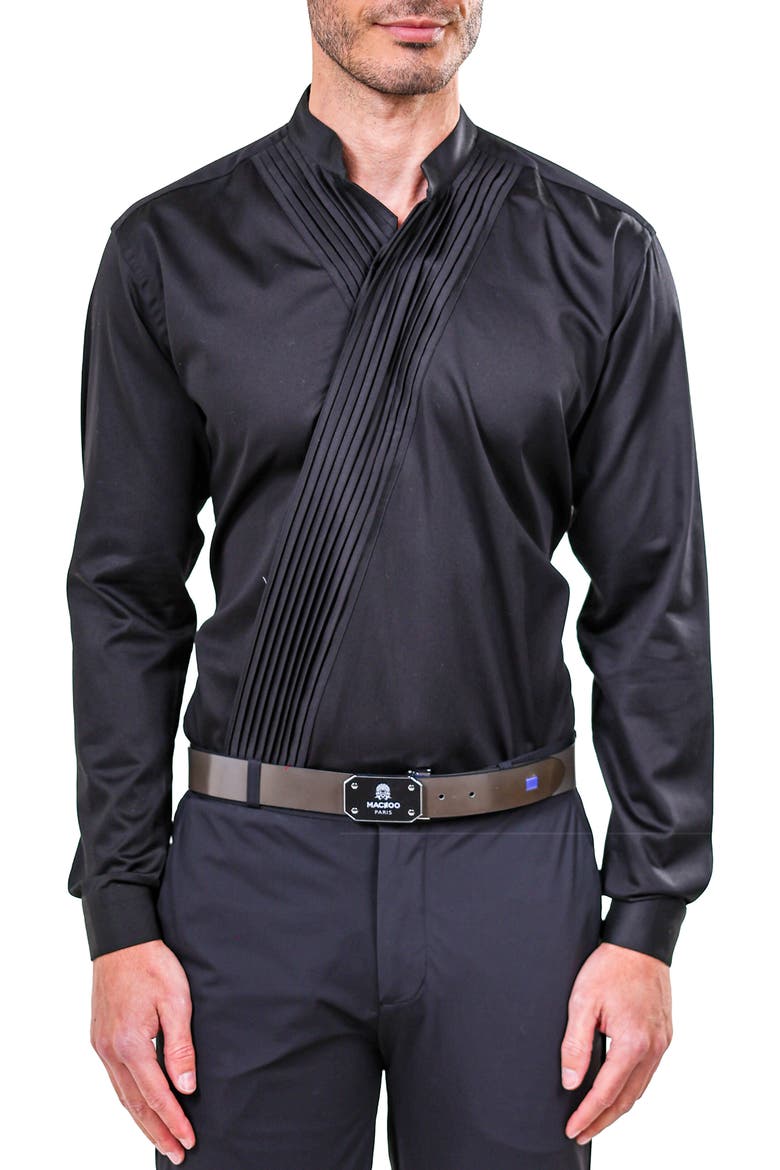 Kymono Asymmetric Pleat Button-Up Shirt, Main, color, BLACK