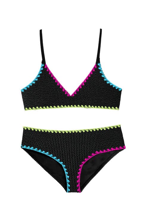 Crinkle Triangle Bikini Swimsuit with Embroidered Trim