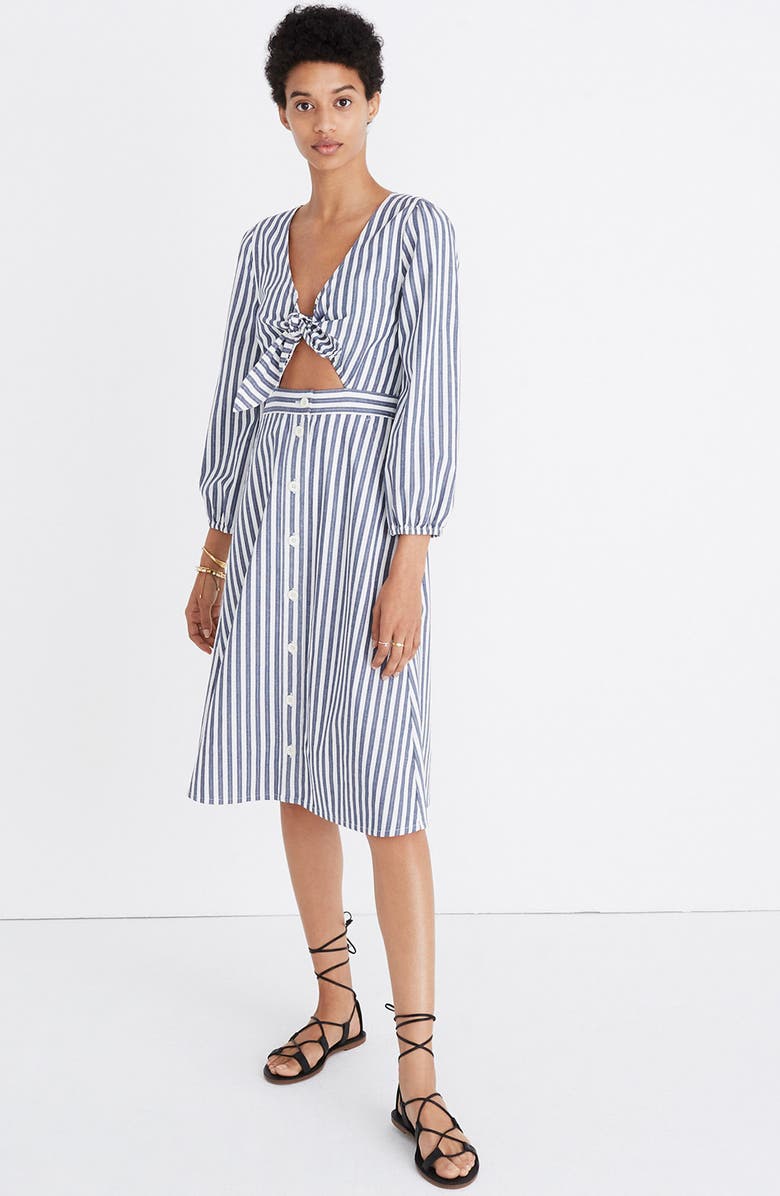 Madewell Shimmer Stripe Cutout Midi Dress, Alternate, color, 