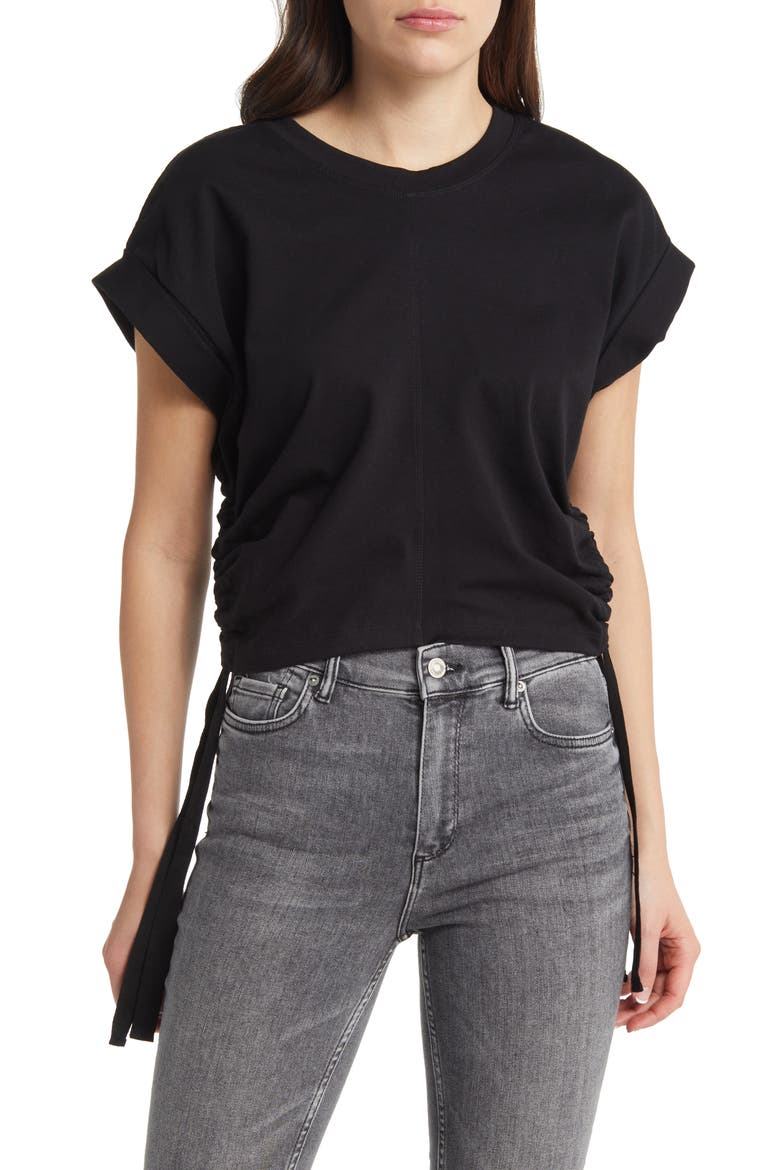 Mira Side Ruched Cotton Crop Top, Main, color, BLACK