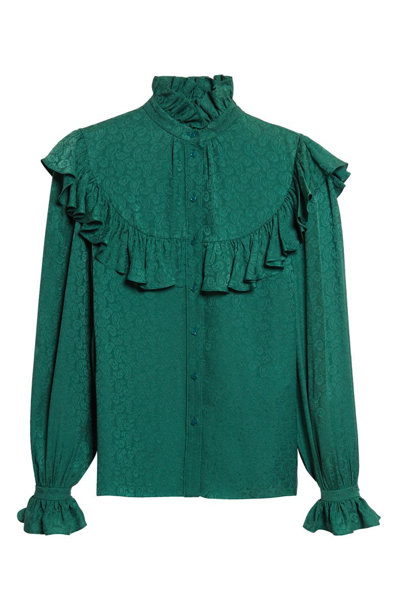 Saint Laurent Ruffled Silk Jacquard Button-Up Shirt, Main, color, Emeraude