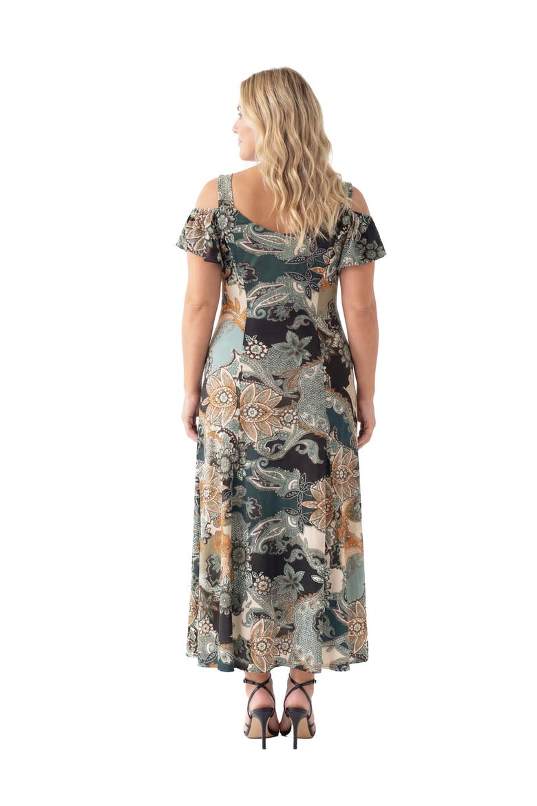 Curvy Elevate Paisley Print Soft V-Neck Cold Sholder Ruffle Sleeve A-Line Maxi Dress, Alternate, color, Green Multi