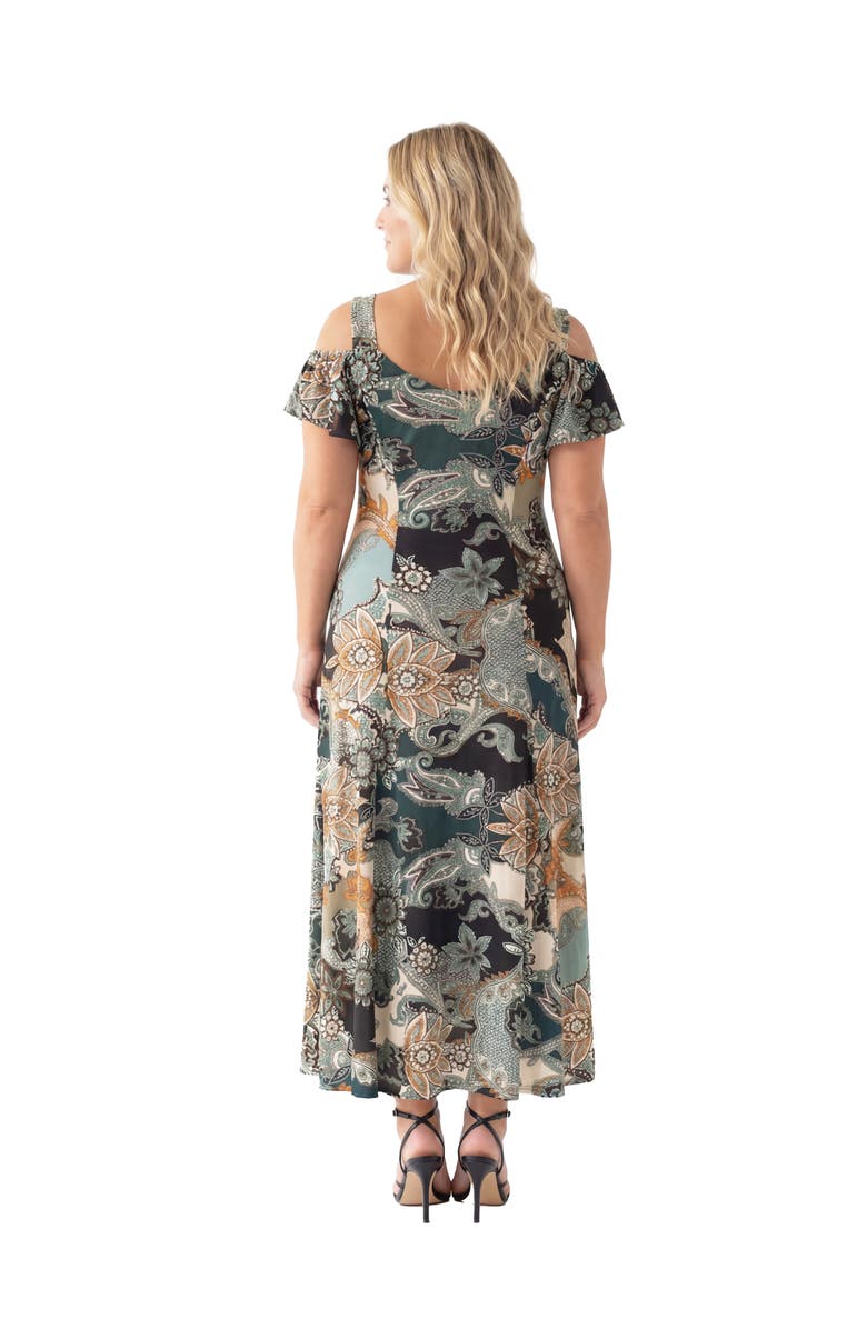 24seven Comfort Apparel Curvy Elevate Paisley Print Soft V-Neck Cold Sholder Ruffle Sleeve A-Line Maxi Dress, Alternate, color, Green Multi