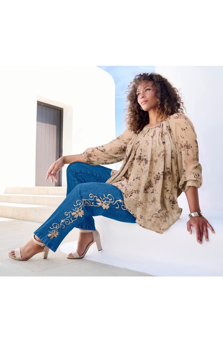 Roaman's Blouson Sleeve Overlay Blouse, Alternate, color, New Khaki Garden