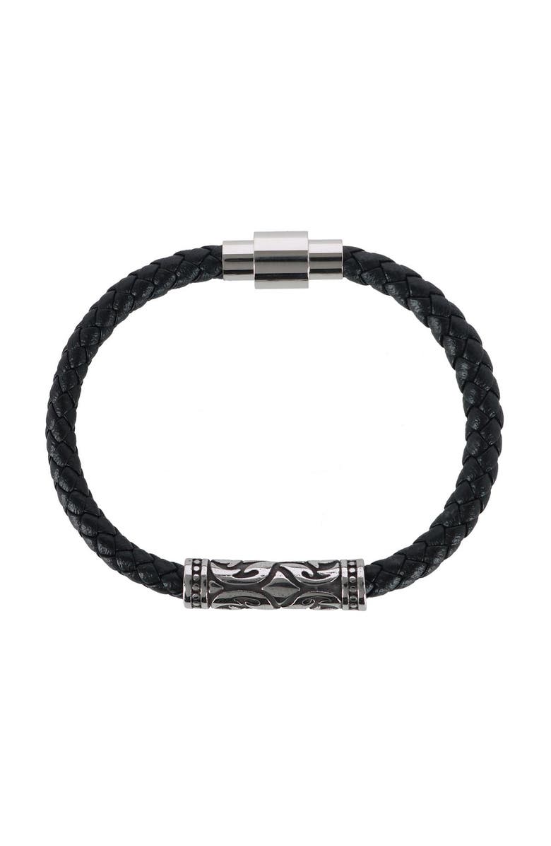 Trafalgar Silver Filigree Pattern on Black Leather Bracelet, Alternate, color,