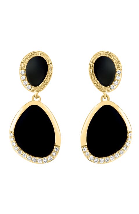 14K Yellow Gold Black Onyx Cabochon Drop Earrings