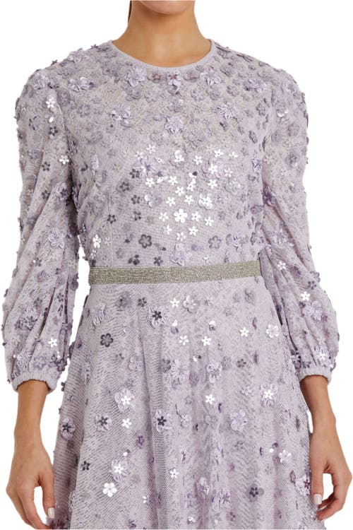 Mac Duggal Floral Applique Puff Sleeve High Neck A-line Gown In Gray