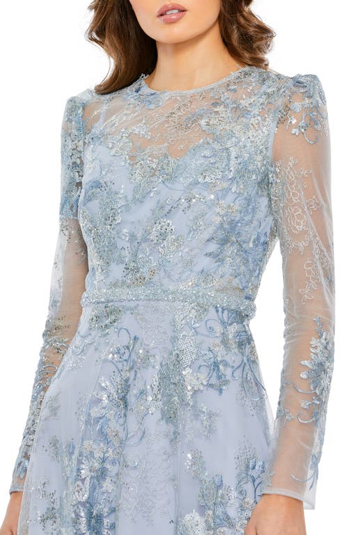 Mac Duggal Blue Embellished Illusion Long Sleeve Midi Dress In Powder Blue