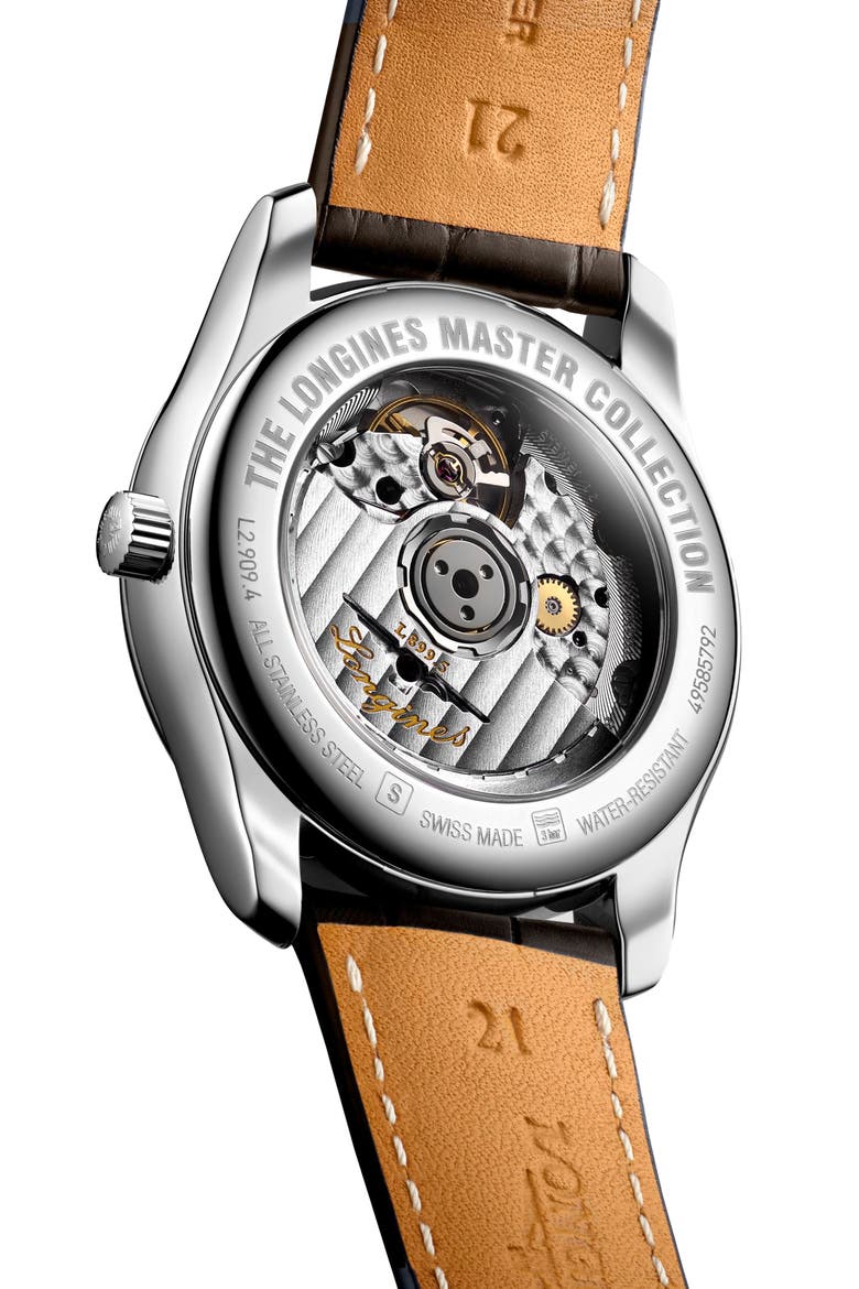 Master Collection Moon Phase Leather Strap Automatic Watch, 40mm, Alternate, color, WHITE