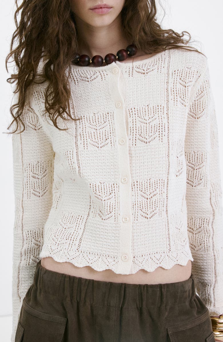 MANGO Pointelle Crop Cotton Blend Cardigan, Main, color,