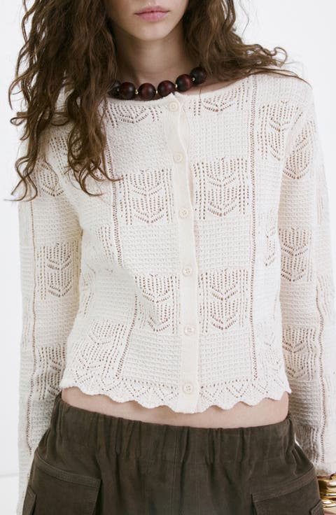 Pointelle Crop Cotton Blend Cardigan (Regular & Plus)