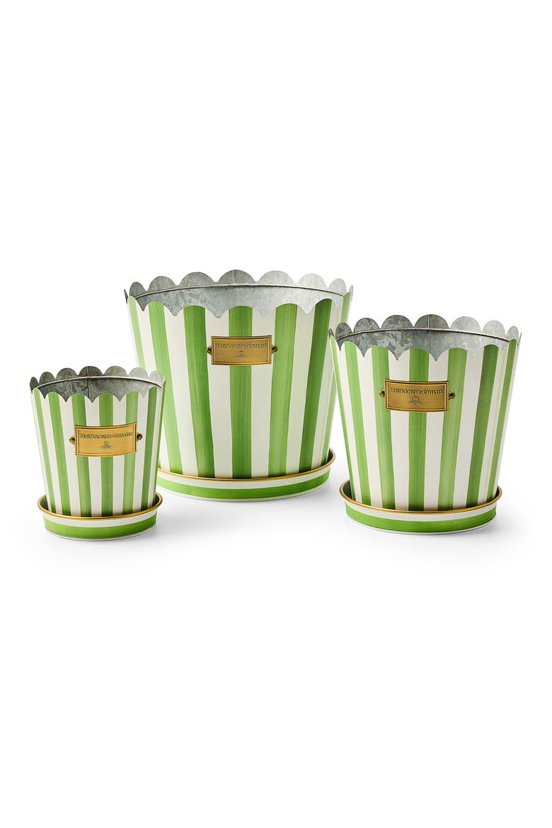 Grass Green Stripe Set of 3 Pots & Saucers, Main, color, GREEN