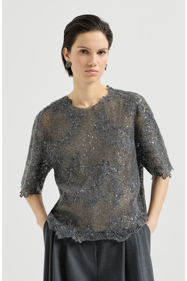 Dazzling lace embroidery t-shirt in sparkling mohair and wool, Main, color, Dark Grey