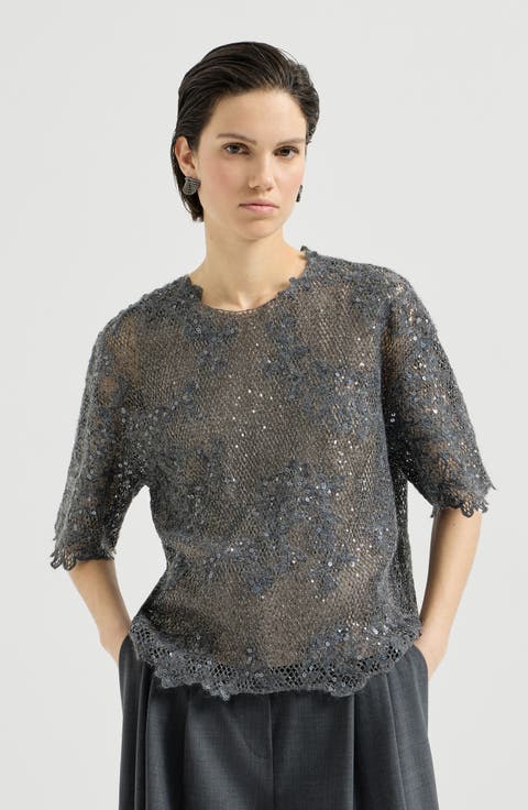 Dazzling lace embroidery t-shirt in sparkling mohair and wool