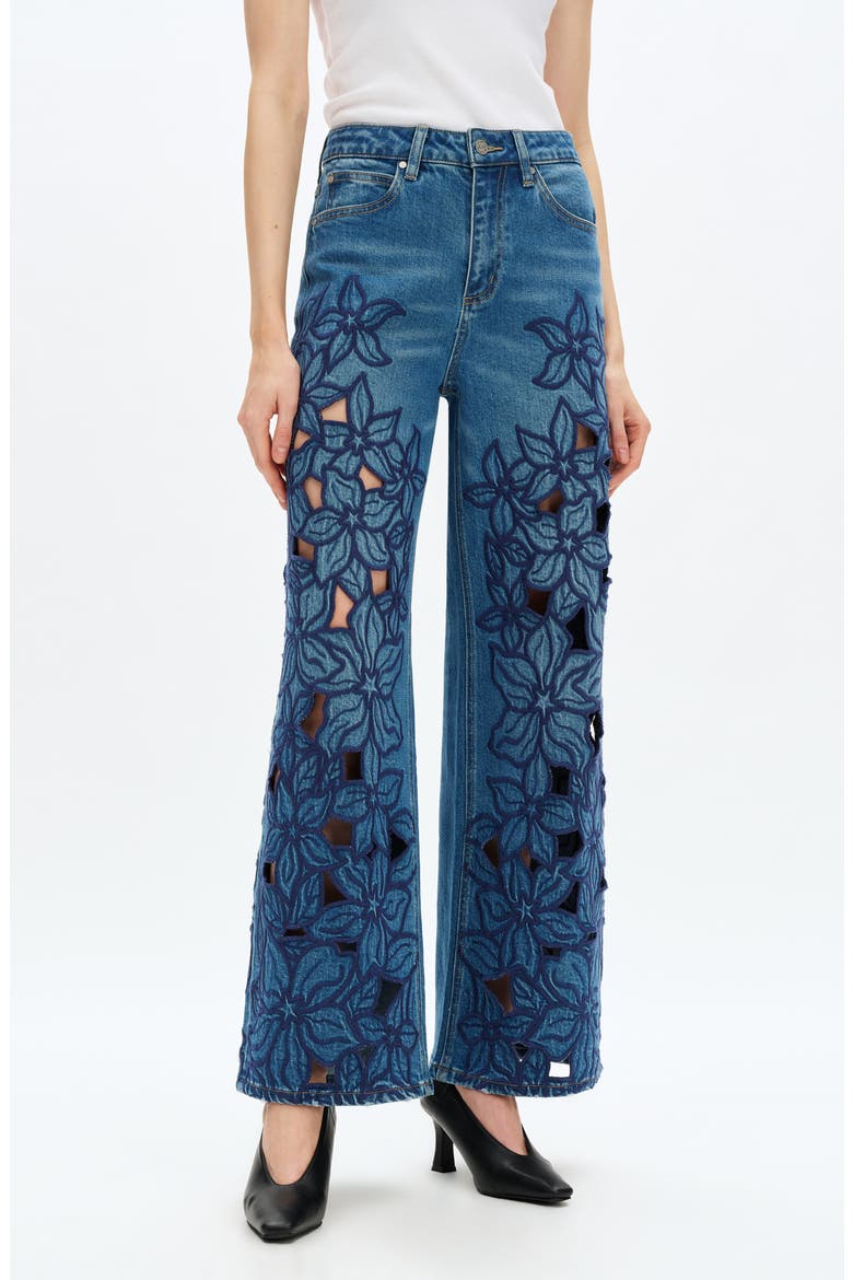 Embroidered High Waist Wide Leg Jeans, Main, color, MEDIUM BLUE