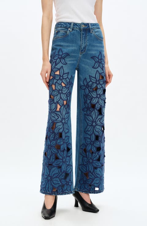 Embroidered High Waist Wide Leg Jeans