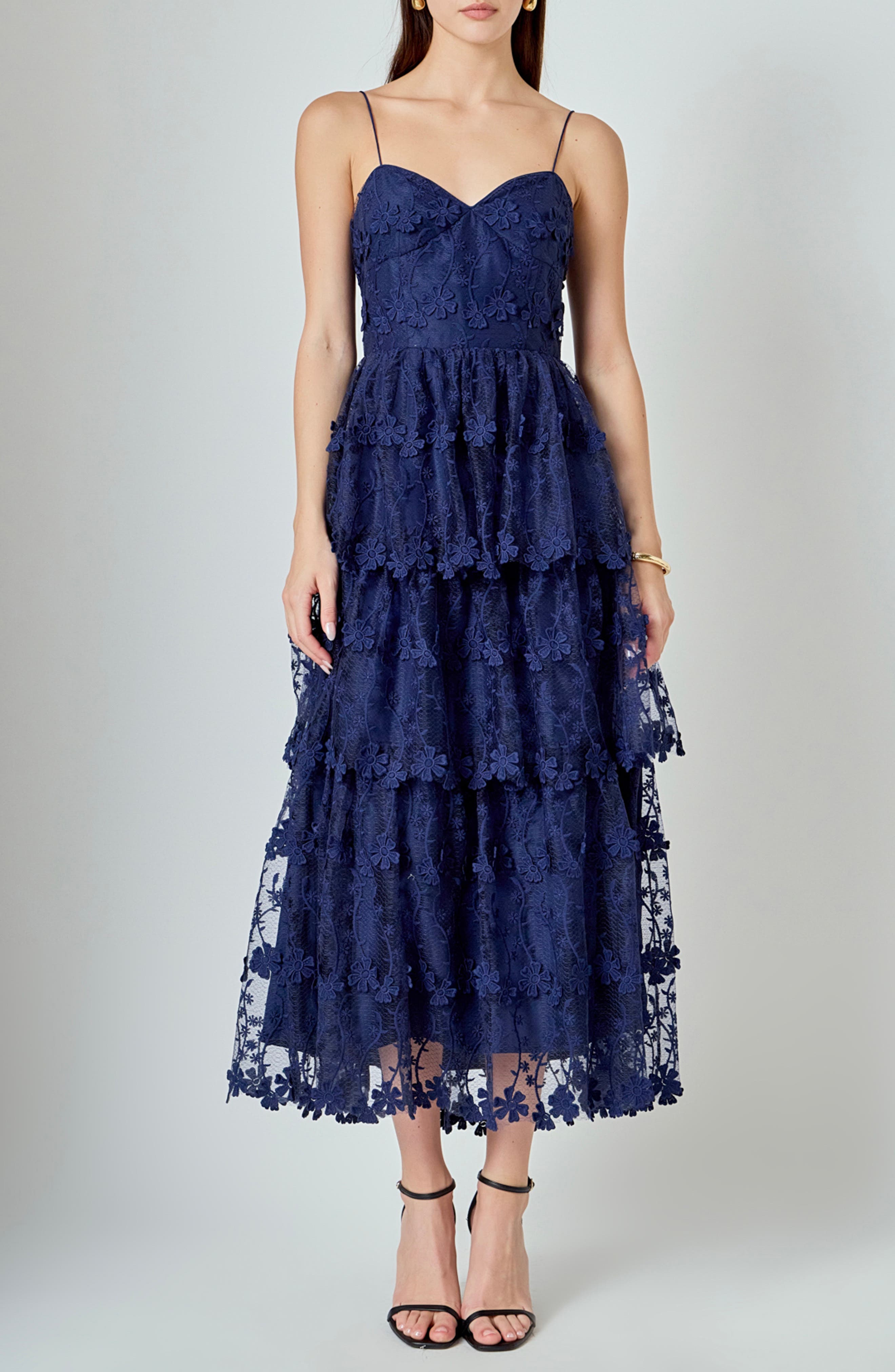 Endless Rose Floral Embroidered Tiered Lace Midi Dress In Navy