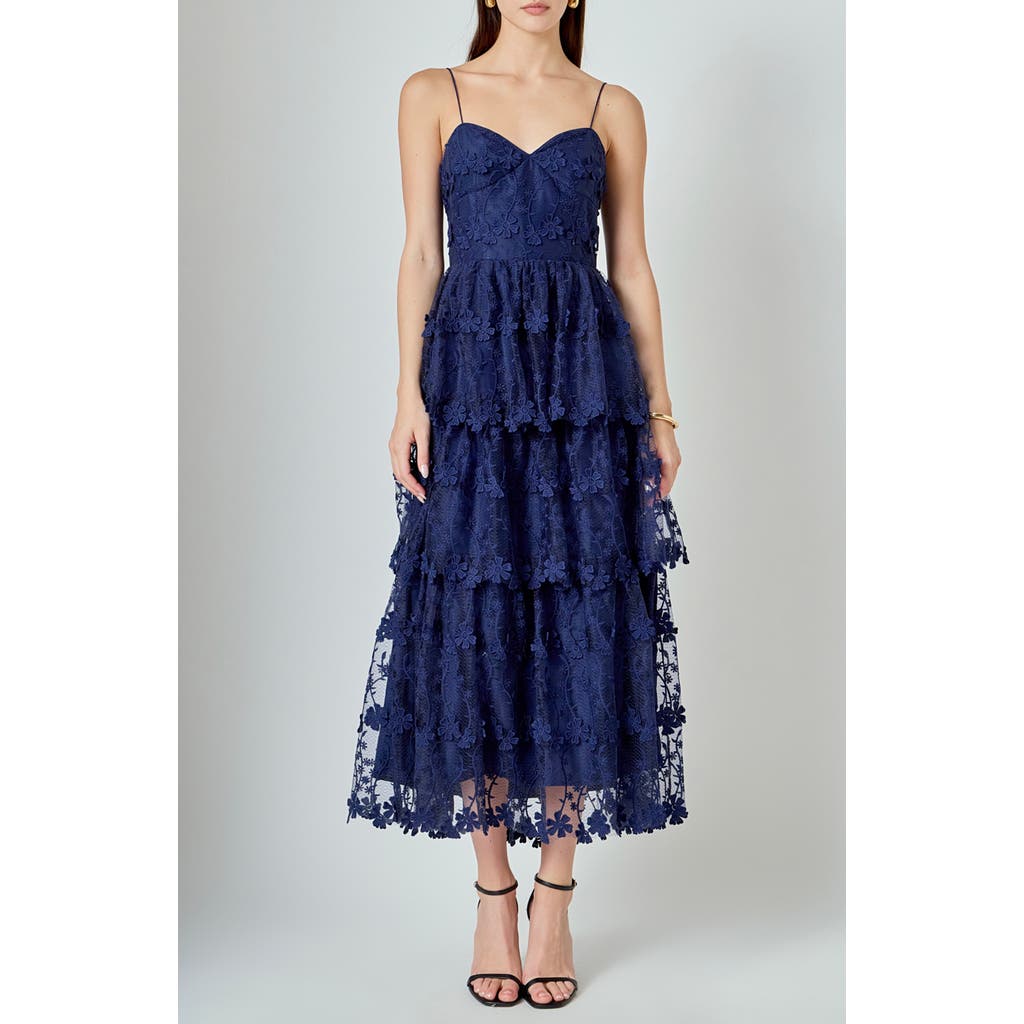 Endless Rose Floral Embroidered Tiered Lace Midi Dress In Navy