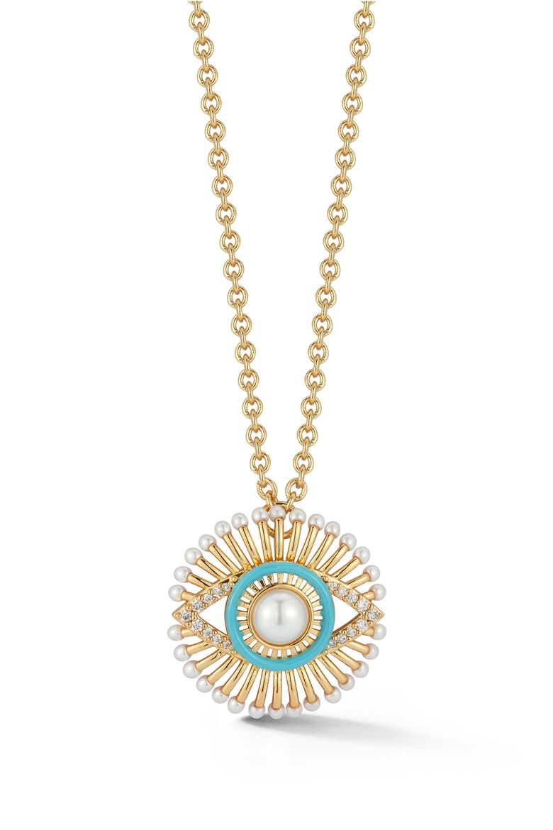 Faux Pearl Evil Eye Pendant Necklace, Main, color, GOLD