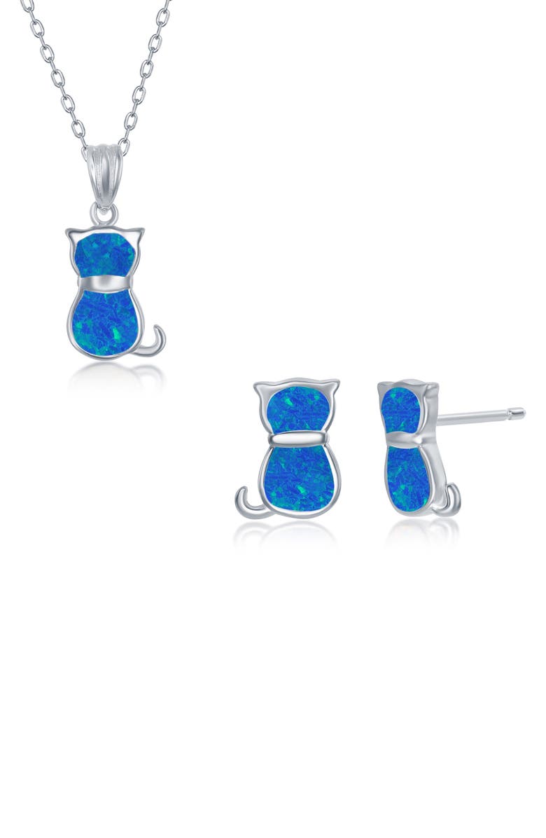 SIMONA Blue Inlaid Opal Cat Necklace & Earrings Set, Main, color, 
