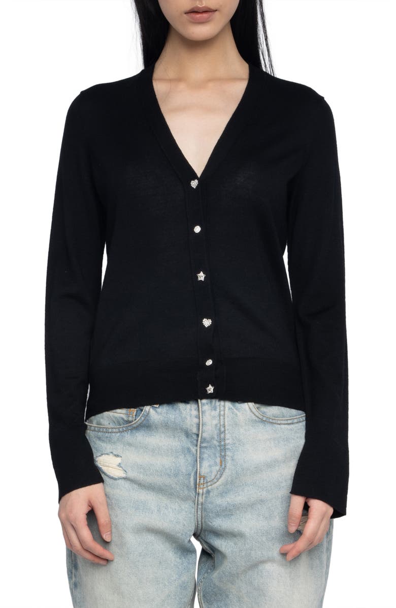Zadig 
Voltaire Jemma Crystal Button Merino Wool Cardigan, Main, color, Black