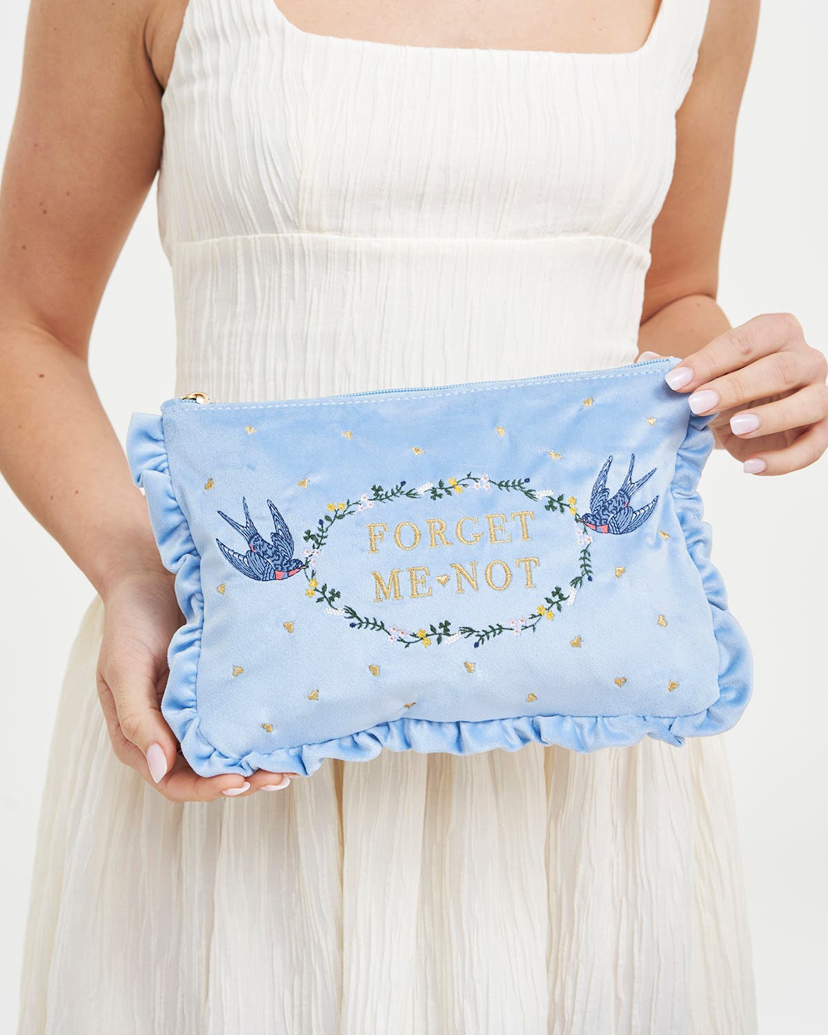 Forget Me Not Velvet Embroidered Pouch, Alternate, color, Light/Pastel Blue