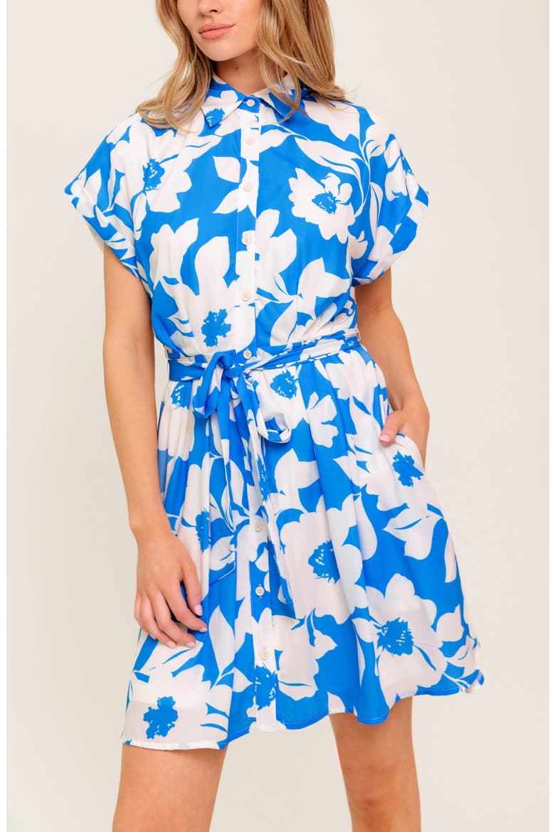 Tie Waist Button-Up Minidress, Alternate, color, BLUE/ IVORY