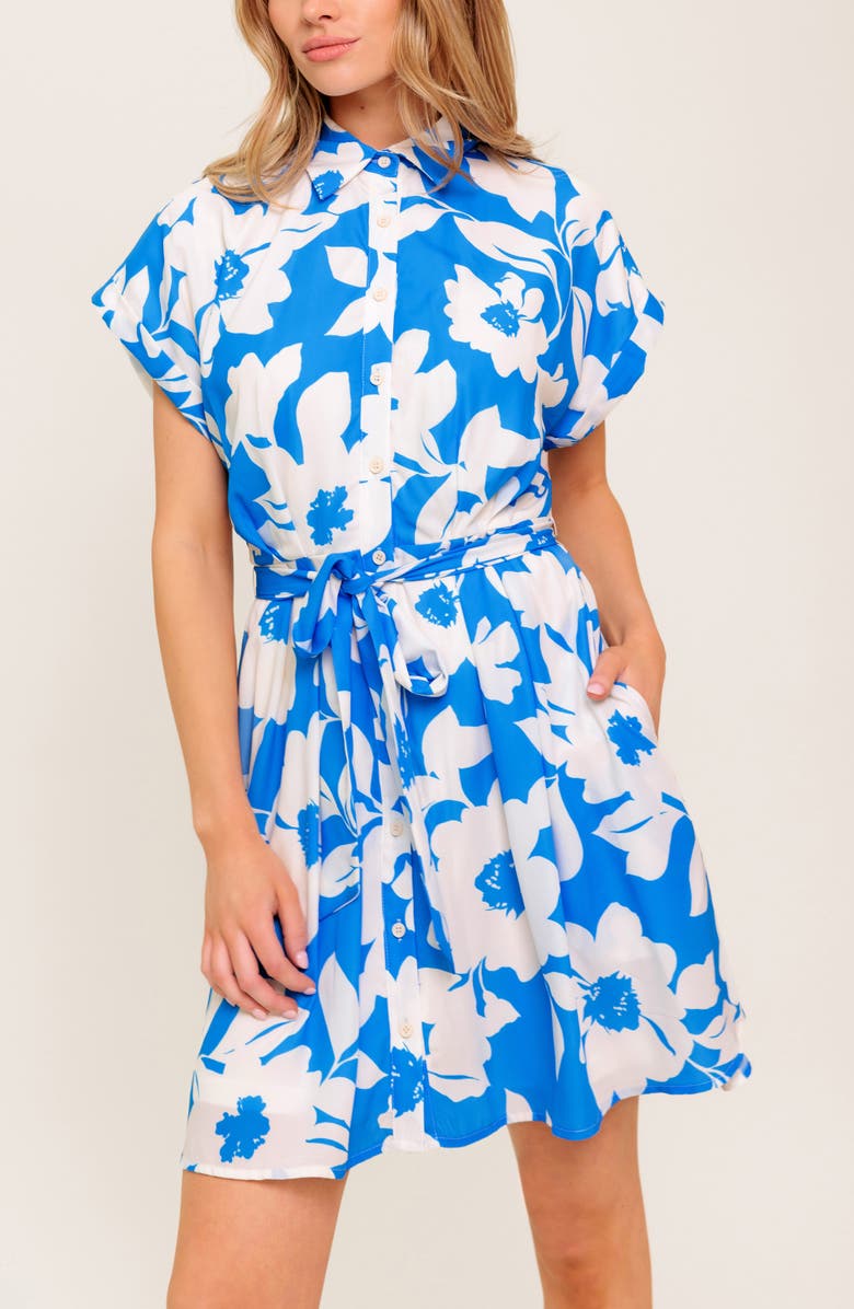 FLYING TOMATO Tie Waist Button-Up Minidress, Alternate, color, Blue/ Ivory