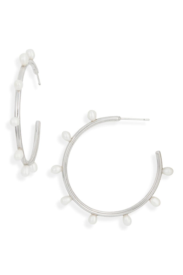 Leighton Freshwater Pearl Hoop Earrings, Main, color, RHOD WHITE PEARL