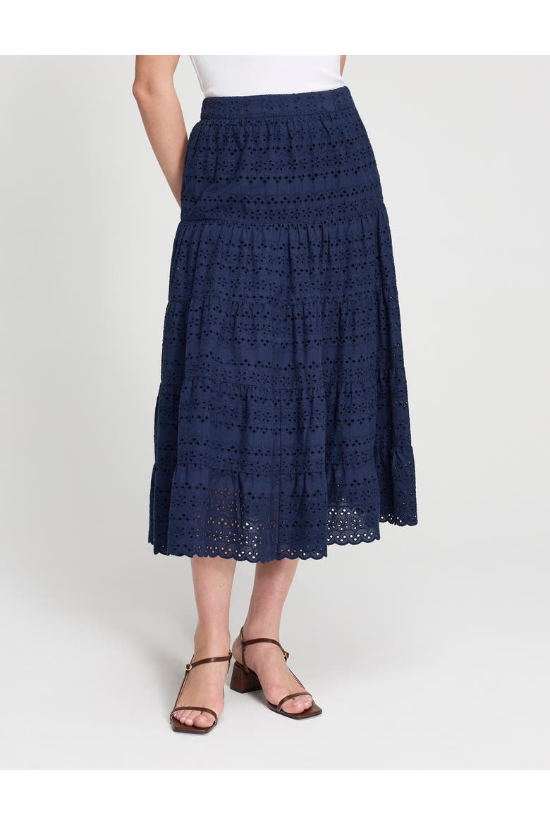 Siobhan Broderie Tiered Midi Skirt, Main, color, Navy
