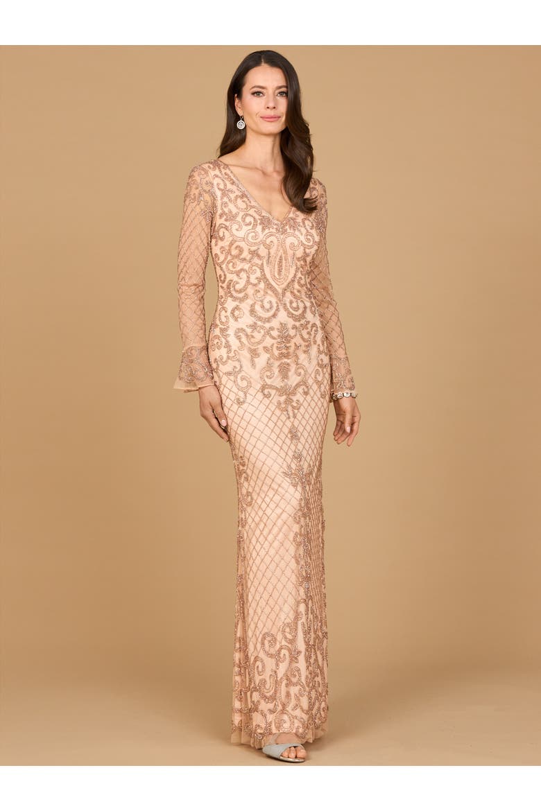 Beaded Long Sleeve V-Neck Gown, Main, color, Blush