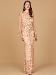 LARA New York Beaded Long Sleeve V-Neck Gown