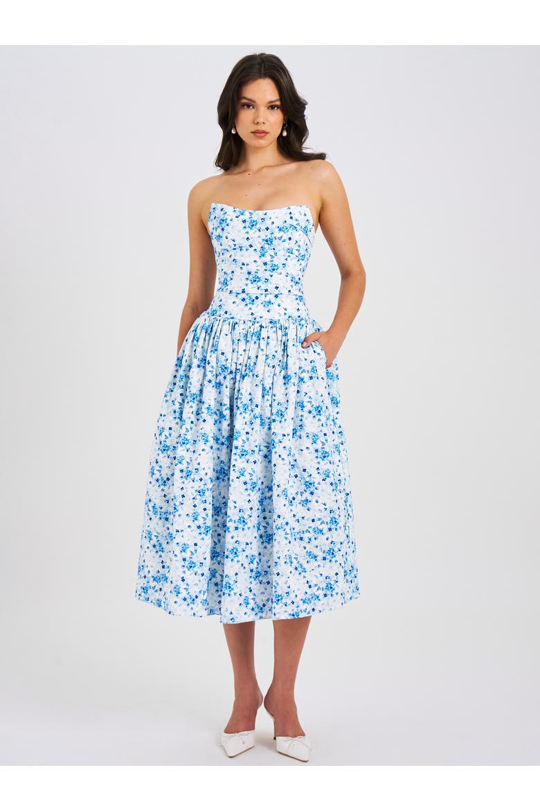 Paloma Linen Corset Draping Top Midi Dress, Main, color, Blue Print