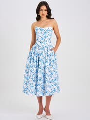 Miss Circle Paloma Linen Corset Draping Top Midi Dress