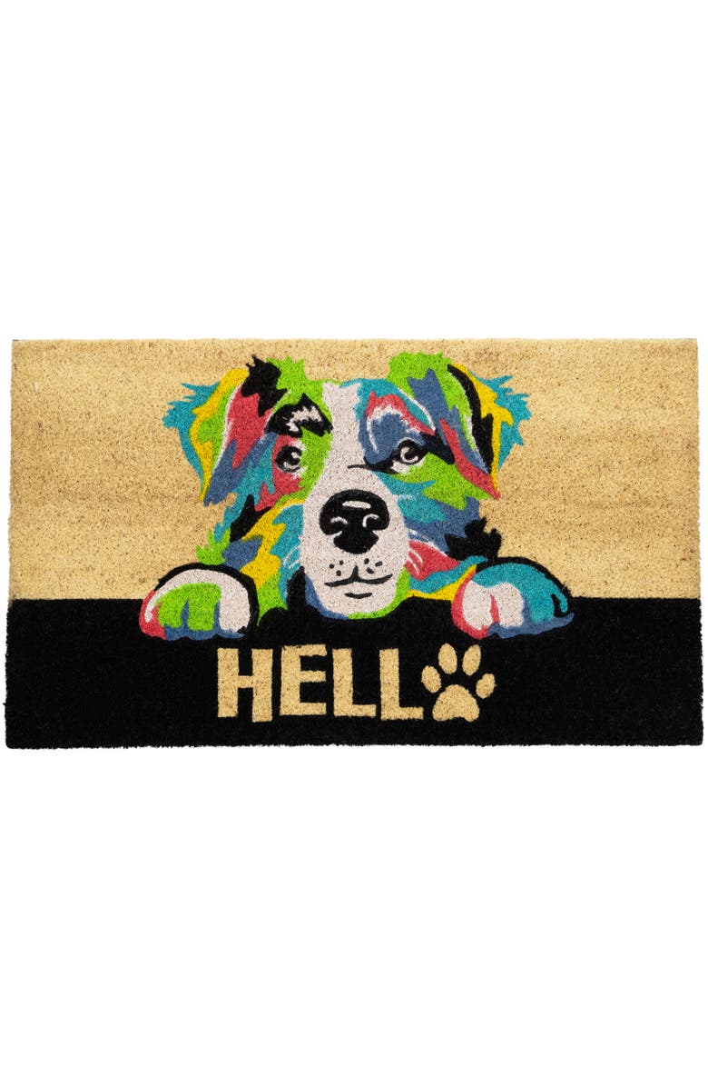 Northlight Ivory and Black "Hello" Multicolor Dog Outdoor Coir Doormat 18" x 30", Main, color, Multi