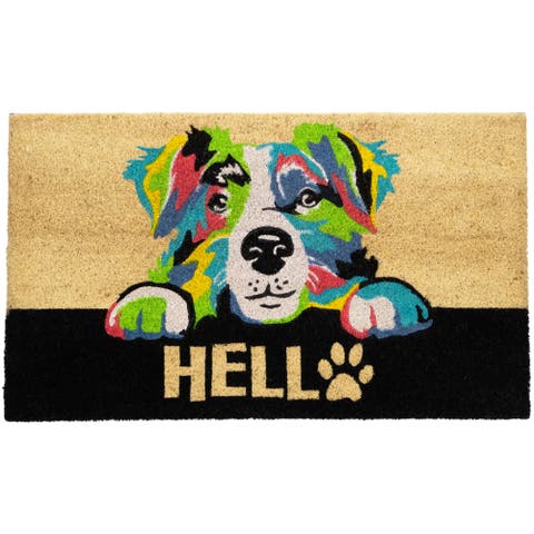 Ivory and Black "Hello" Multicolor Dog Outdoor Coir Doormat 18" x 30"