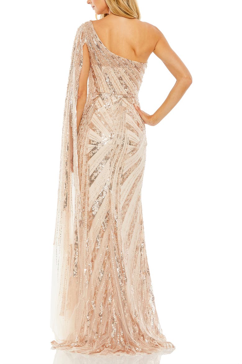Women's Sequin One-Shoulder Evening Gown with Sheer Cape Sleeve, Alternate, color, Rose Gold