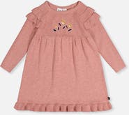 Deux par Deux Knitted Ruffled Shoulder Floral Detail Dress