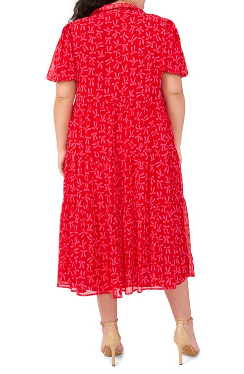 Shop Cece Bow Print Tiered Midi Shirtdress In Scarlet Glow