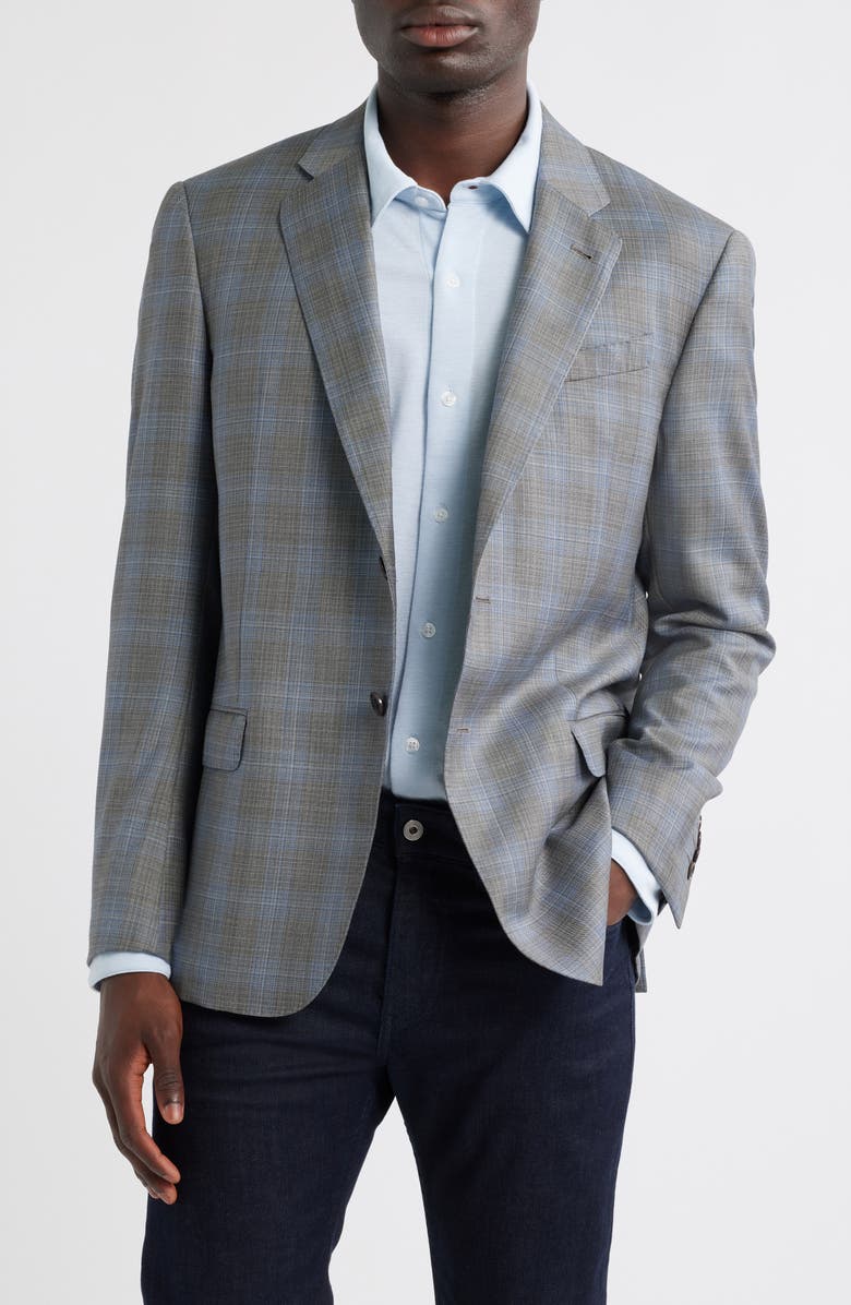 Emporio Armani Plaid Virgin Wool Blazer, Main, color, Grey Plaid