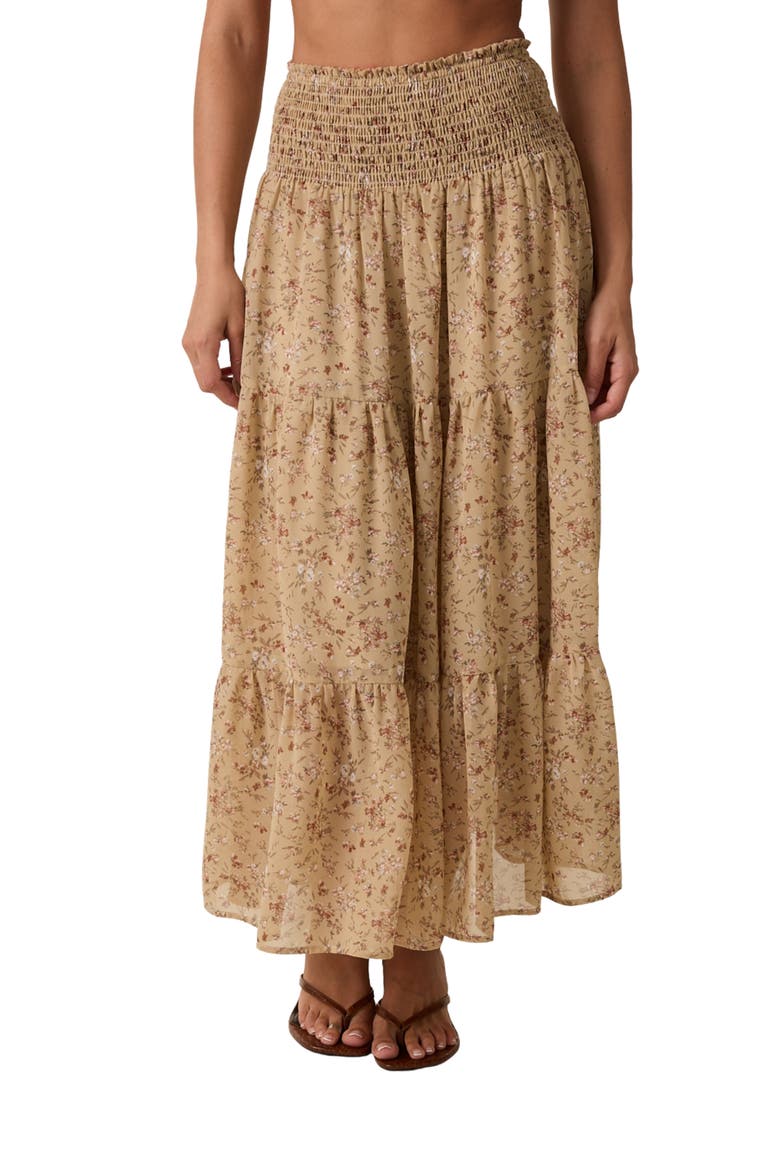 Floral Smocked Waist Tiered Midi Skirt, Main, color, TAUPE COMBO