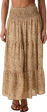 WISHLIST Floral Smocked Waist Tiered Midi Skirt