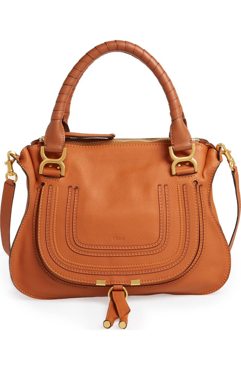 Chloé Medium Marcie Calfskin Leather Satchel, Main, color, Tan Gold Hrdwre