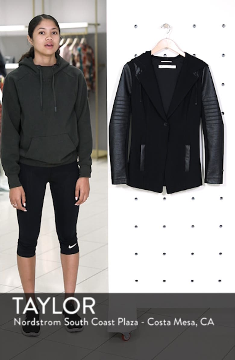 Hooded Moto Blazer with Faux Leather Sleeves, sales video thumbnail