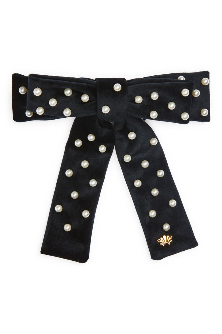 Antoinette Faux Pearl Bow Hair Clip, Main, color, JET