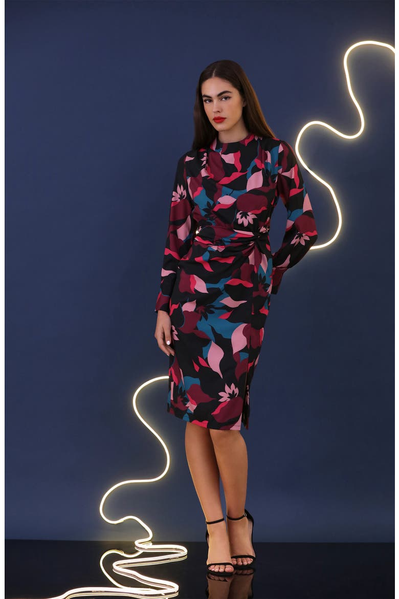 Print Twisted Long Sleeve Dress, Alternate, color, BLACK/ WINE