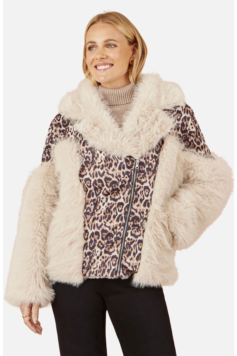 Faux Fur Biker Leopard Print Jacket, Main, color, Brown