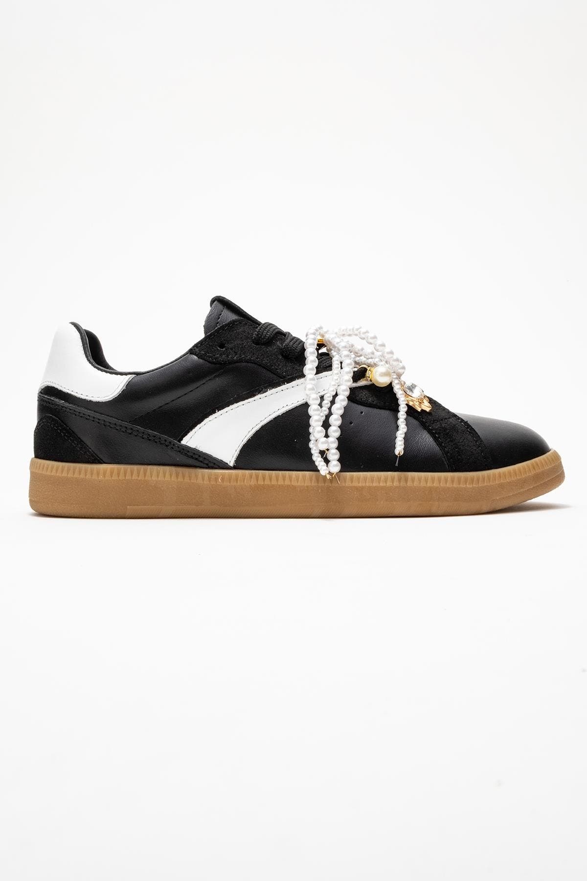 Forever 
Always Shoes Taren Leather Pearl Buckle Sneakers, Alternate, color, Black Leather