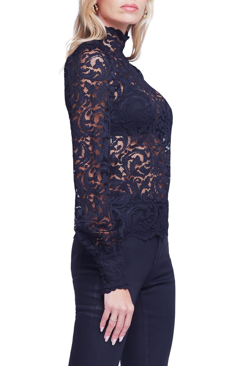 Sheer Lace Bishop Sleeve Blouse, Alternate, color, BLACK