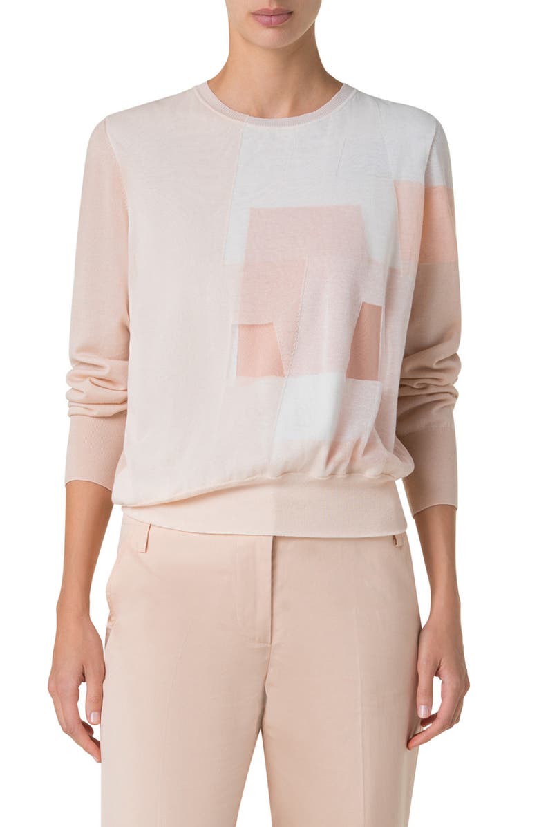 Akris Intarsia Trapezoid Cotton & Silk Blend Sweater, Main, color, Seashell